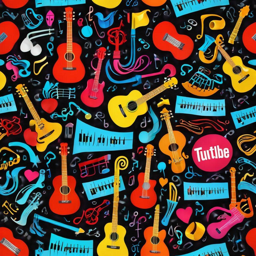 A vibrant collage of musical instruments, YouTube icons, and diverse musicians, all interconnected with flowing musical notes, reflecting the heartbeat of online music culture. The background should feature a digital interface with trending music videos, tutorials, and a community of fans engaging with content. Use bright colors to evoke energy and passion for music. super-realistic. vibrant colors. 3D.