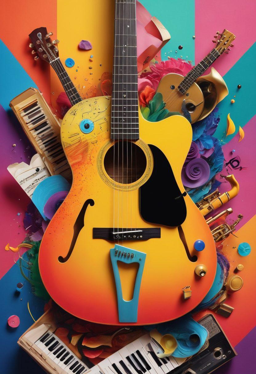 A vibrant collage of a diverse range of musical instruments including a guitar, piano, and saxophone, intertwined with famous music notes and hidden gems like vinyl records and cassette tapes. Incorporate elements of a YouTube play button and colorful sound waves to evoke a sense of exploration and discovery. The background should feature a whimsical landscape representing a musical journey, with bright colors highlighting both popular and lesser-known artists. super-realistic. vibrant colors. dynamic composition.