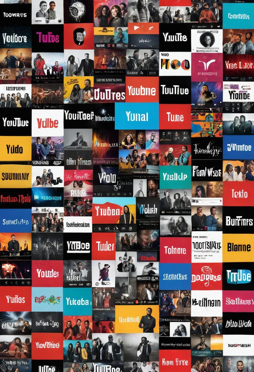 A vibrant collage of iconic YouTube musical moments, featuring diverse artists and genres, intertwined with music notes and visualizations of soundwaves. The background showcases a colorful YouTube interface with play buttons and video thumbnails. Include elements symbolizing community, like comment bubbles and likes. The scene conveys the energy of a global musical culture. super-realistic. vibrant colors. 3D.
